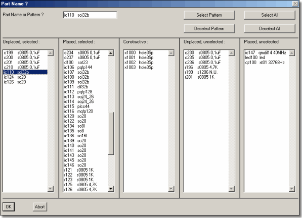 BAE Version 5.4: Layout - Dialog for selecting Parts and Part Sets for Placement