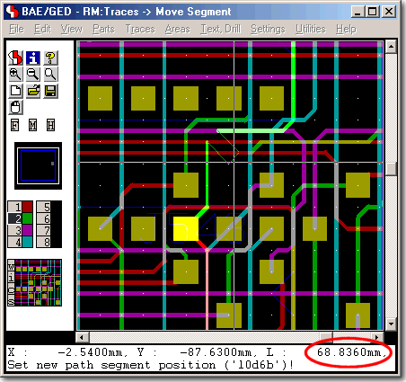 BAE Version 6.2: Layout Editor - Traces / Move Segment - Trace Length Display